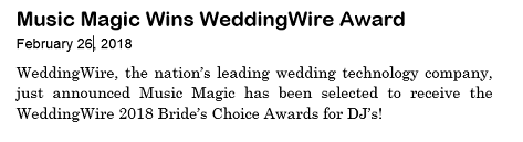 Winner, 2018 WeddingWire Bride's Choice Award